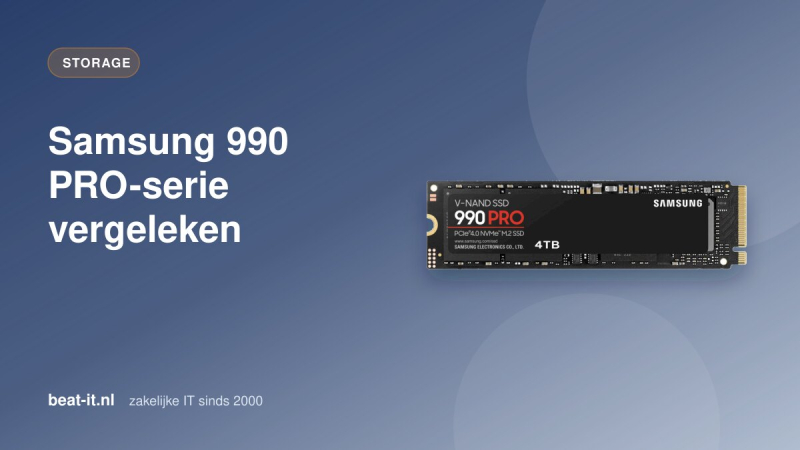 Samsung 990 PRO NVMe-SSD's van 1, 2 en 4 TB, met en zonder heatsink, naast elkaar