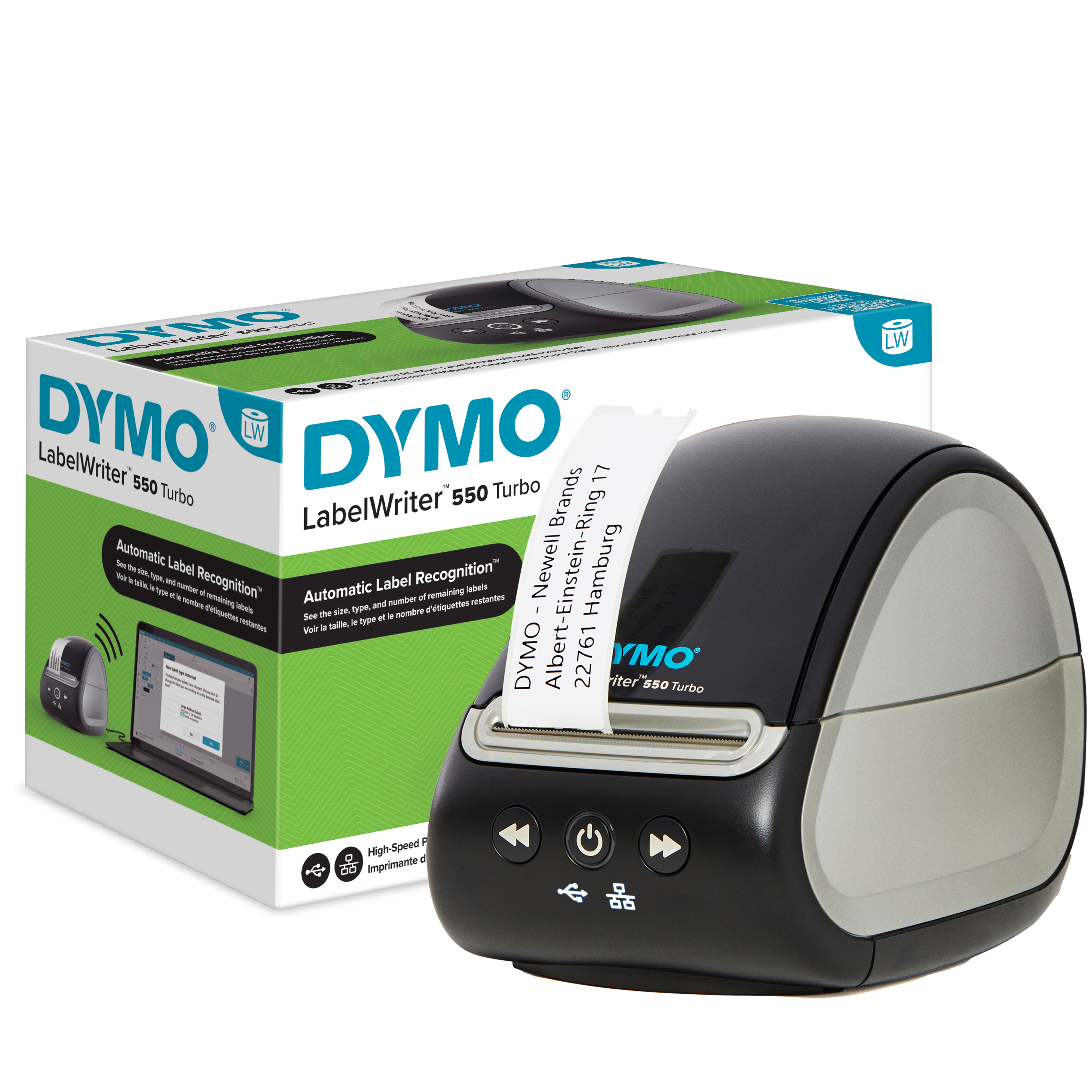 DYMO LabelWriter 550 Turbo Labelprinter | Labelmaker met direct thermisch afdrukken op hoge snelheid | Automatische labelherkenning | Drukt verzendlabels en meer af met USB/LAN-connectiviteit (2112723) thumbnail