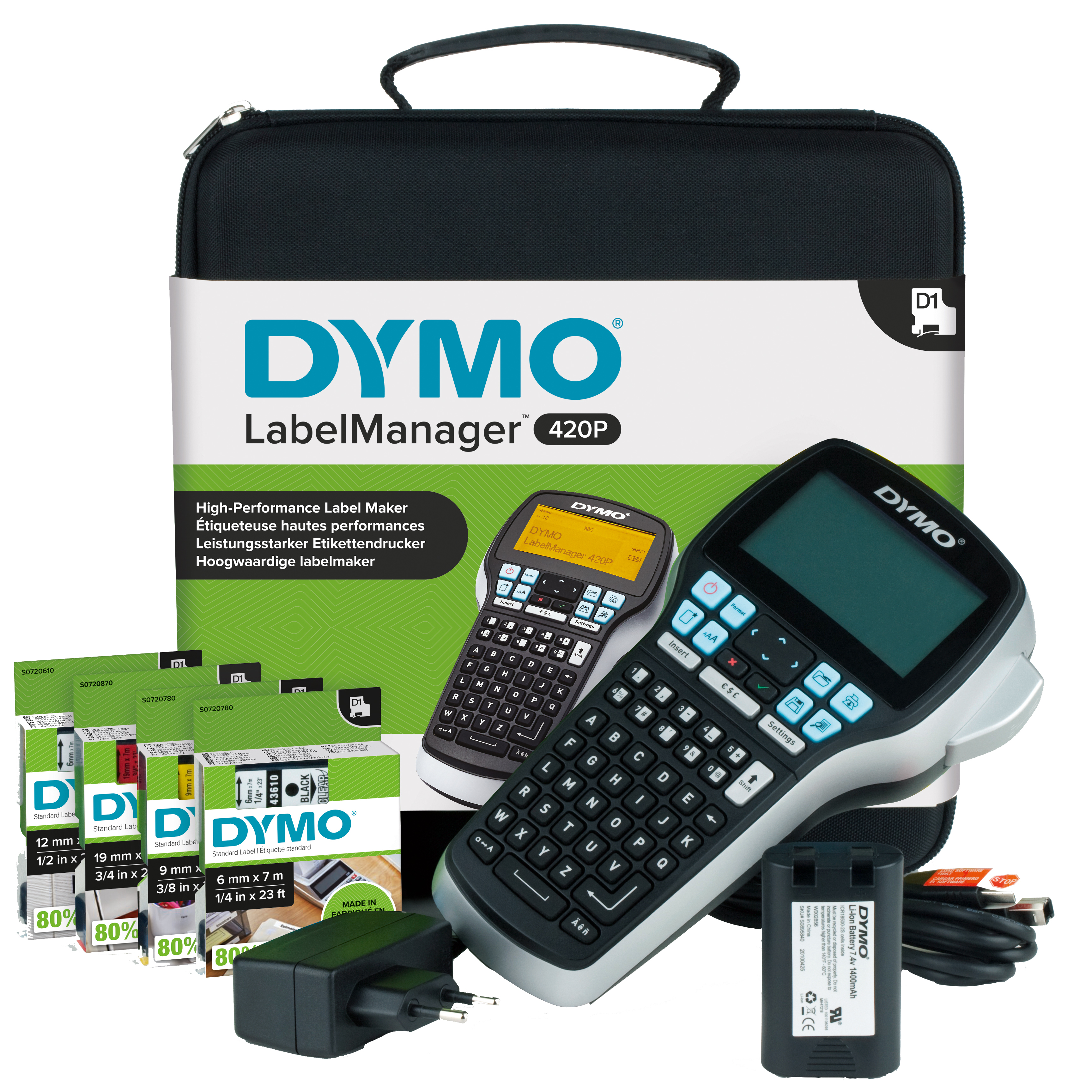 DYMO LabelManager 420P hoogpresterende oplaadbare draagbare labelmakerkit | ABC-toetsenbord met 4 rollen D1-labels en draagkoffer (S0915480) thumbnail