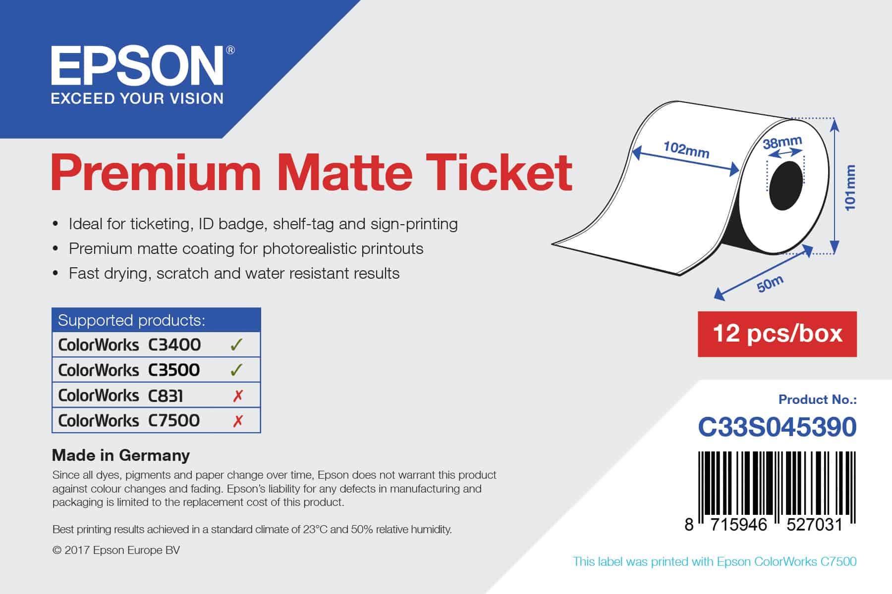 Epson Premium Matte Ticket - Roll: 102mm x 50m (C33S045390) thumbnail