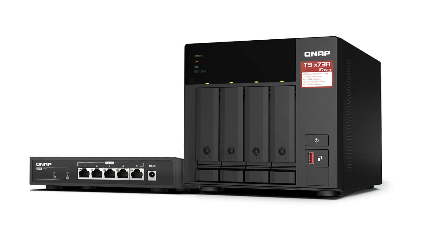QNAP TS-473A + QSW-1105-5T Bundle Pack NAS Tower Ethernet LAN Zwart V1500B (TSH1677AXURPR732G) thumbnail