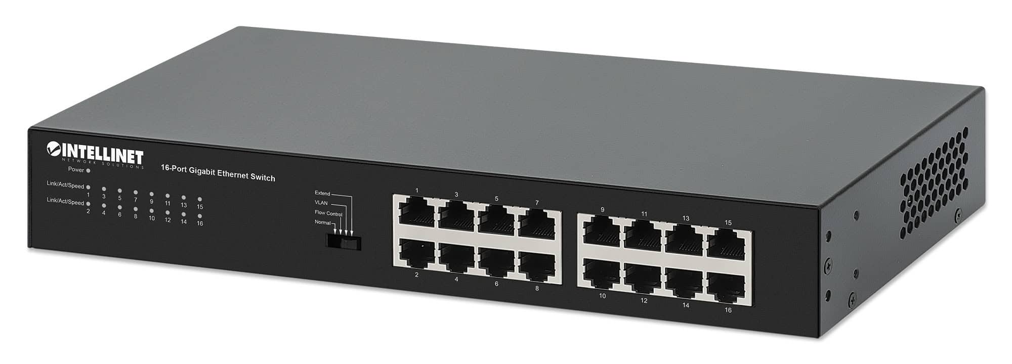 Intellinet 16-poorts Gigabit Ethernet netwerk switch, desktopuitvoering, metalen behuizing, Groene Energie IEEE 802.3az, incl. 19" rackbeugels, 3 jaar garantie (561815) thumbnail