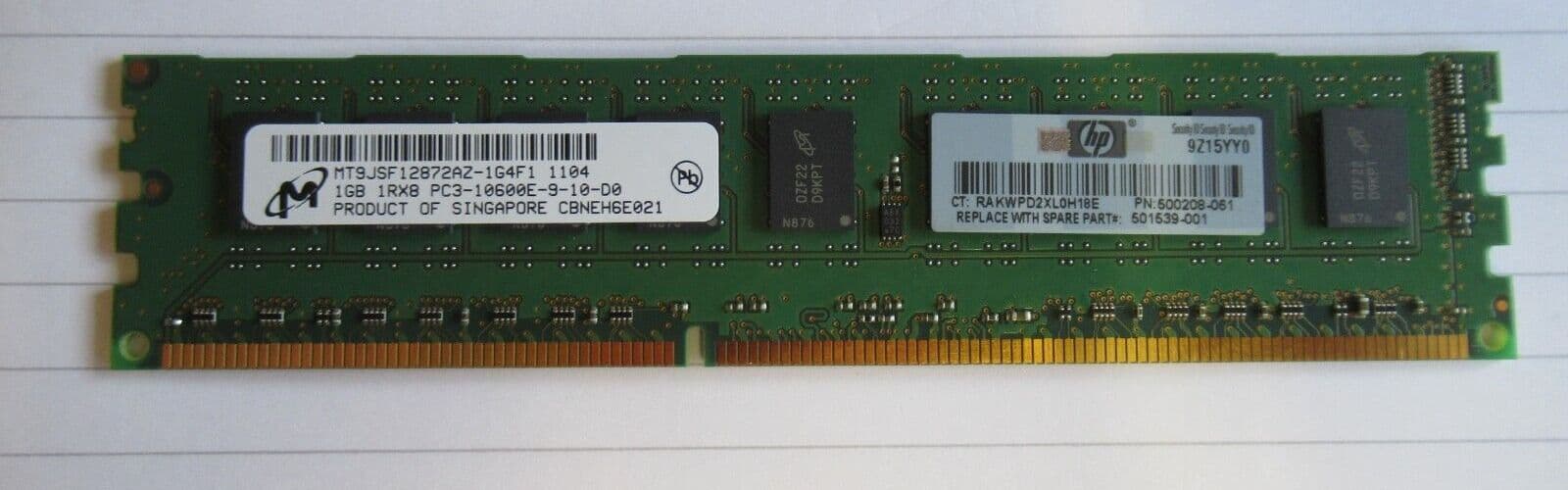 HP Memory 1GB (128MBx8) HP PC3-10600E (501539-001) thumbnail