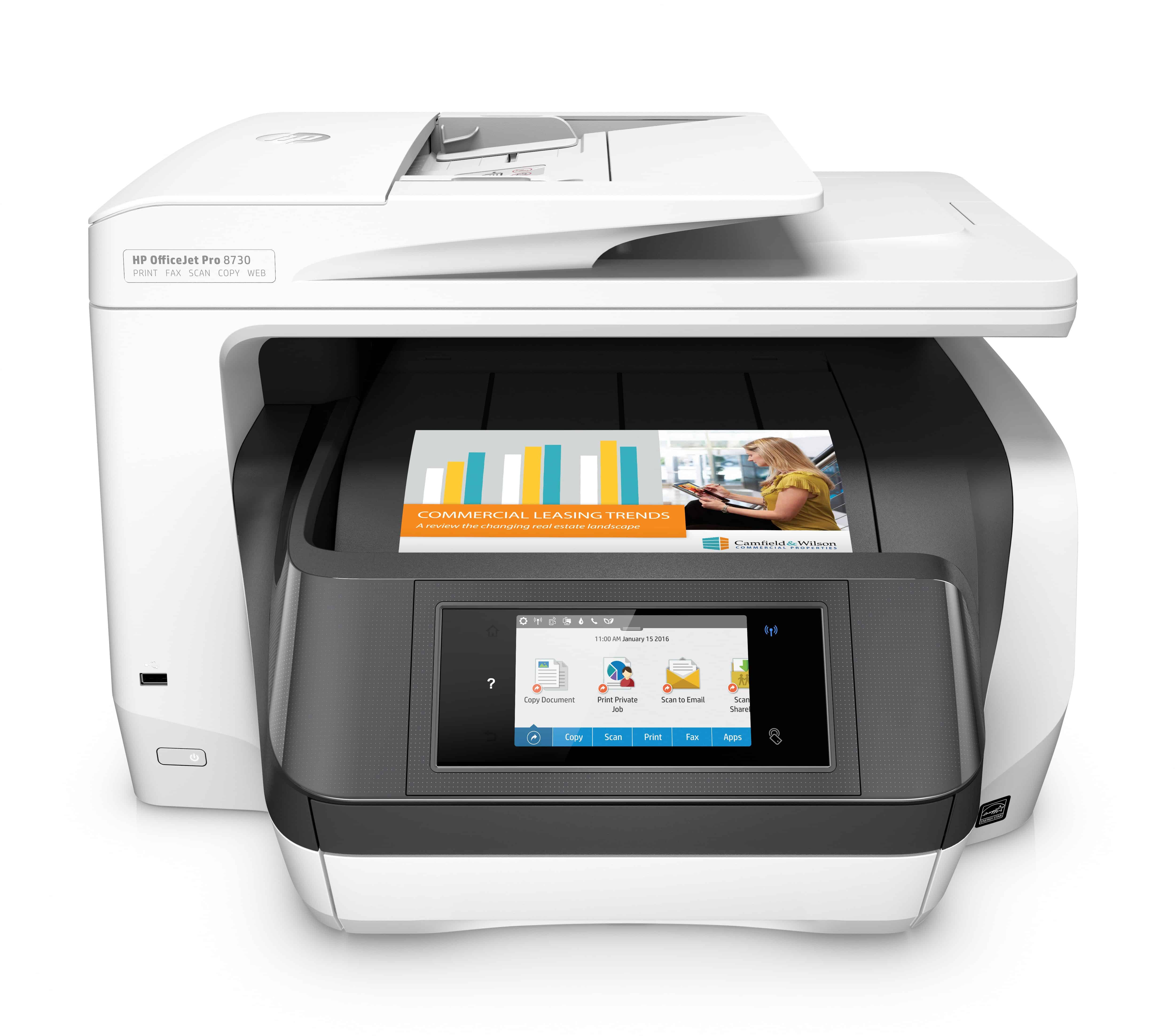 HP OfficeJet Pro 8730 All-in-One printer, Kleur, Printer voor Home, Printen, kopiëren, scannen, faxen, Invoer voor 50 vel; Printen via USB-poort aan voorzijde; Scans naar e-mail/pdf; Dubbelzijdig printen (D9L20A) thumbnail