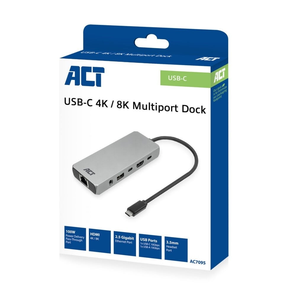 ACT USB-C 4K / 8K 30Hz dockingstation voor 1 HDMI monitor, 2,5 Gigabit ethernet, USB-C 10Gbps, USB-A 10Gbps, 3,5mm audio, PD pas (AC7095) thumbnail
