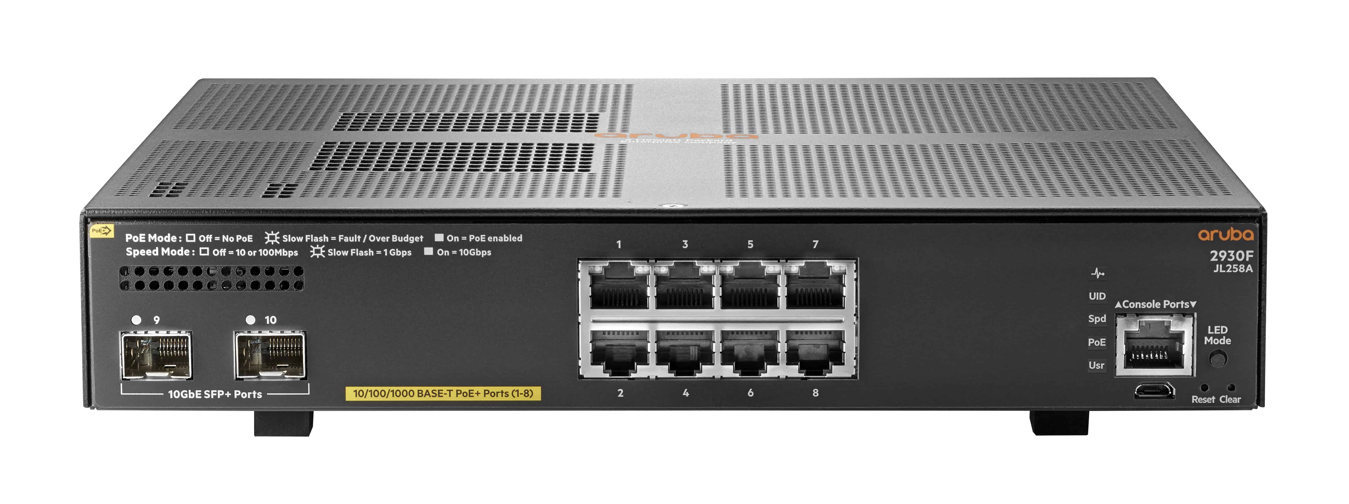 Hewlett Packard Enterprise Aruba 2930F 8G PoE+ 2SFP+ Managed L3 Gigabit Ethernet (10/100/1000) Power over Ethernet (PoE) 1U Grijs (JL258AR#ABB) thumbnail Hewlett Packard Enterprise Aruba 2930F 8G PoE+ 2SFP+ Managed L3 Gigabit Ethernet (10/100/1000) Power over Ethernet (PoE) 1U Grijs (JL258AR#ABB) thumbnail