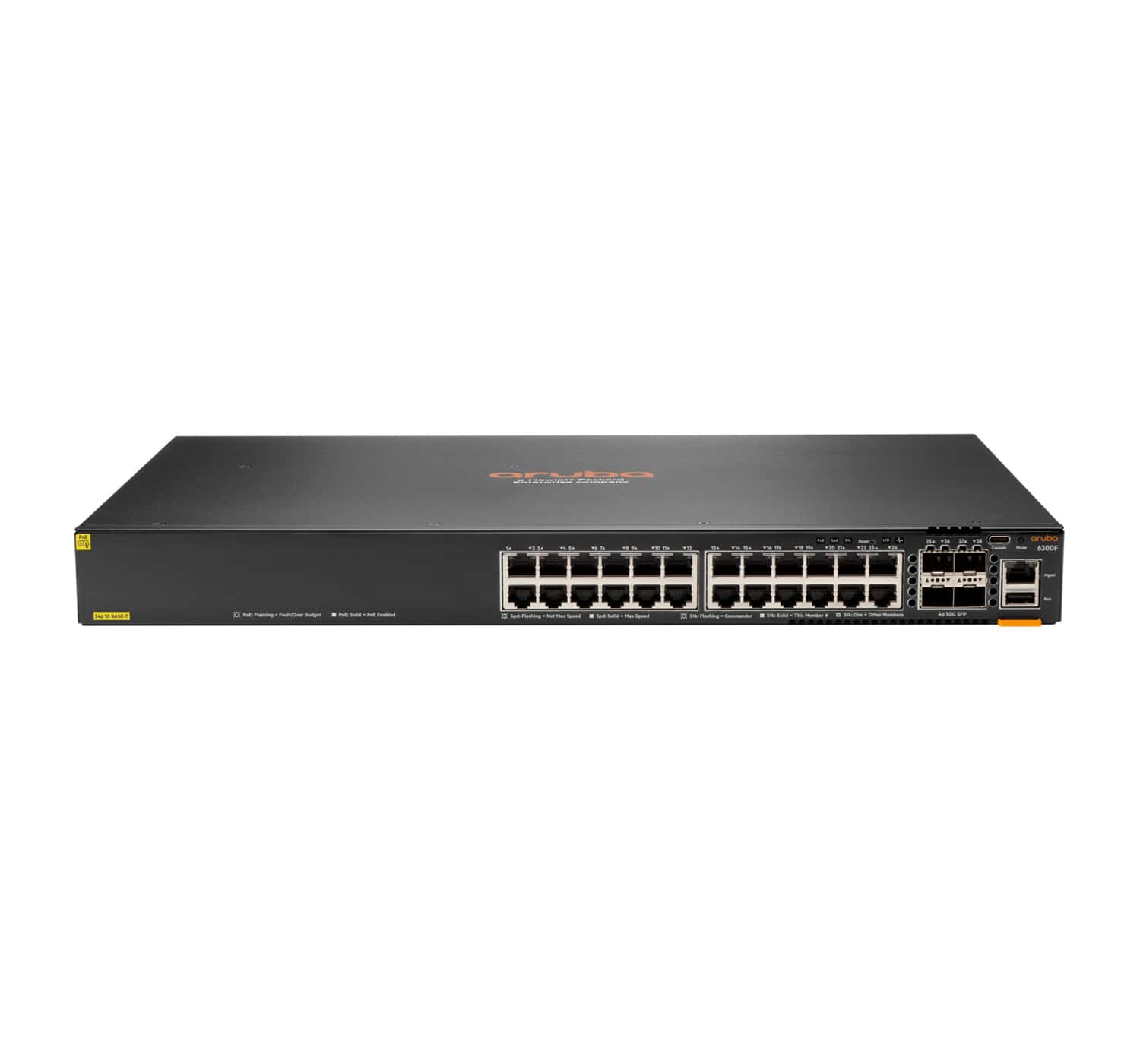 Hewlett Packard Enterprise Aruba 6300F 24-port 1GbE Class 4 PoE & 4-port SFP56 Managed L3 Gigabit Ethernet (10/100/1000) Power over Ethernet (PoE) 1U Grijs (JL666A#ABB) thumbnail