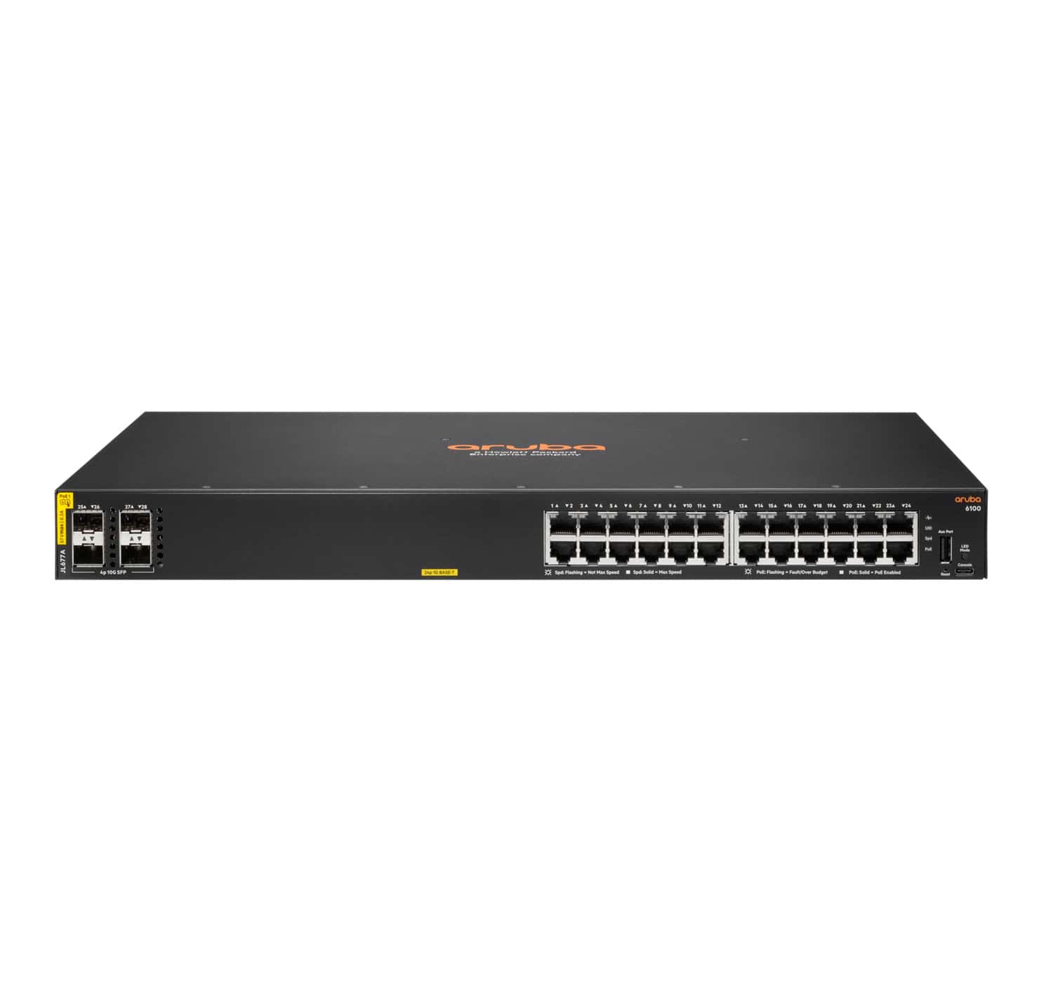 Hewlett Packard Enterprise Aruba 6100 24G Class4 PoE 4SFP+ 370W Managed L3 Gigabit Ethernet (10/100/1000) Power over Ethernet (PoE) 1U Zwart (JL677A#ABB) thumbnail Hewlett Packard Enterprise Aruba 6100 24G Class4 PoE 4SFP+ 370W Managed L3 Gigabit Ethernet (10/100/1000) Power over Ethernet (PoE) 1U Zwart (JL677A#ABB) thumbnail