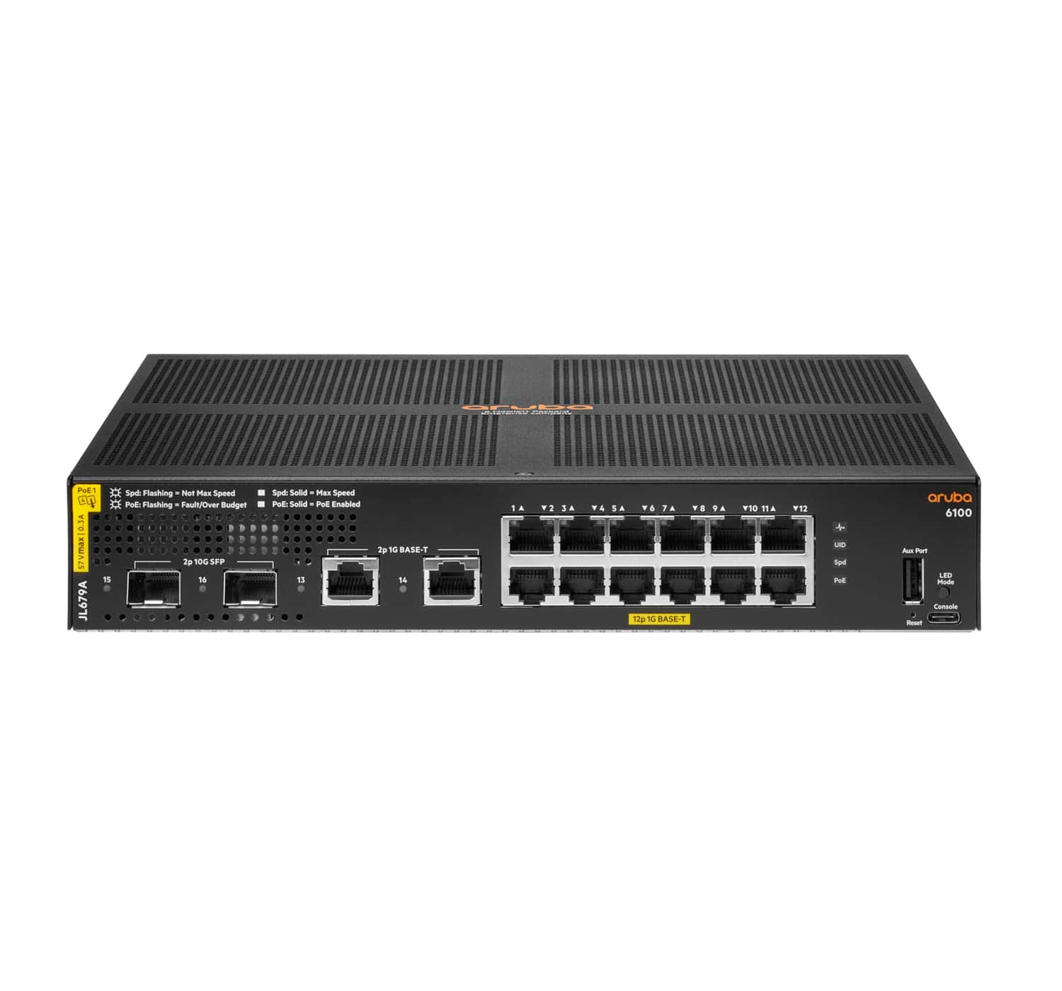 Hewlett Packard Enterprise Aruba 6100 12G Class4 PoE 2G/2SFP+ 139W Managed L3 Gigabit Ethernet (10/100/1000) Power over Ethernet (PoE) 1U Zwart (JL679A#ABB) thumbnail
