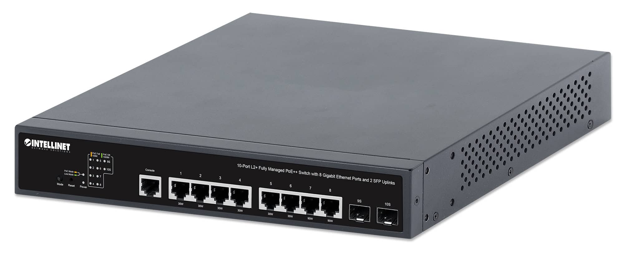 Intellinet 10-poorts L2+ volledig beheerde PoE++ netwerk switch, 8x Gigabit Ethernet + 2x SFP uplinks, IEEE 802.3bt (2x 90 W, 6x 30 W), 242 W PoE-budget, desktopformaat, incl. 19" rackbeugels, 3 jaar garantie (562003) thumbnail