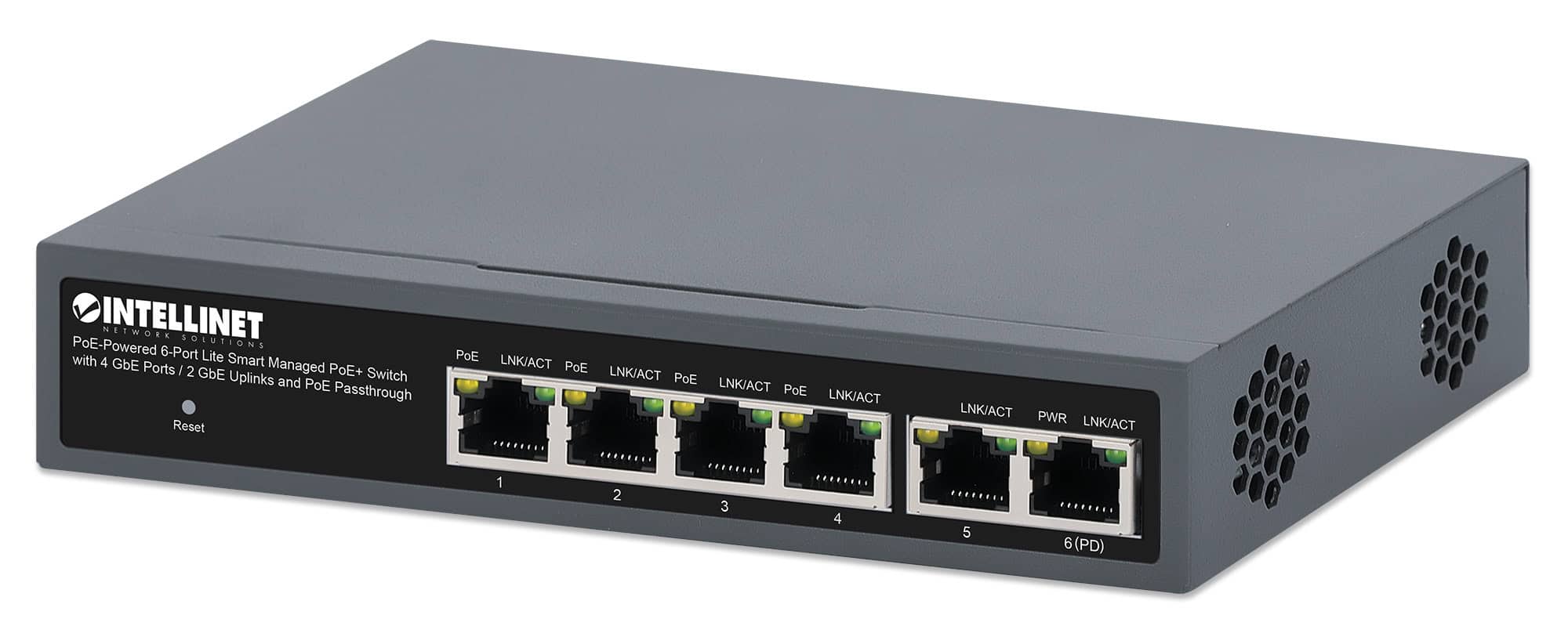Intellinet PoE-gevoede 6-poorts lite smart managed PoE+ netwerk switch met 4 GbE-poorten / 2 GbE-uplinks en PoE passthrough, 3 jaar garantie (562034) thumbnail