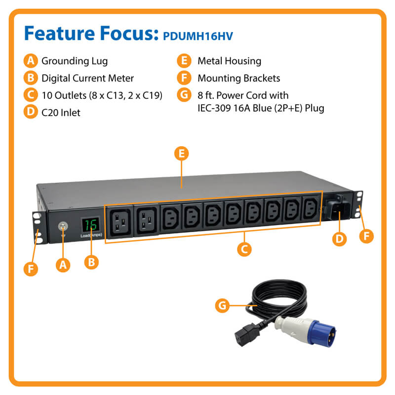 Eaton 3.7kW Single-Phase Local Metered PDU 208 230V Outlets 8 C13 2 C19 IEC-309 16A Blue 8 ft. 2.43 m Cord 1U Rack-Mount TAA (PDUMH16HV) thumbnail