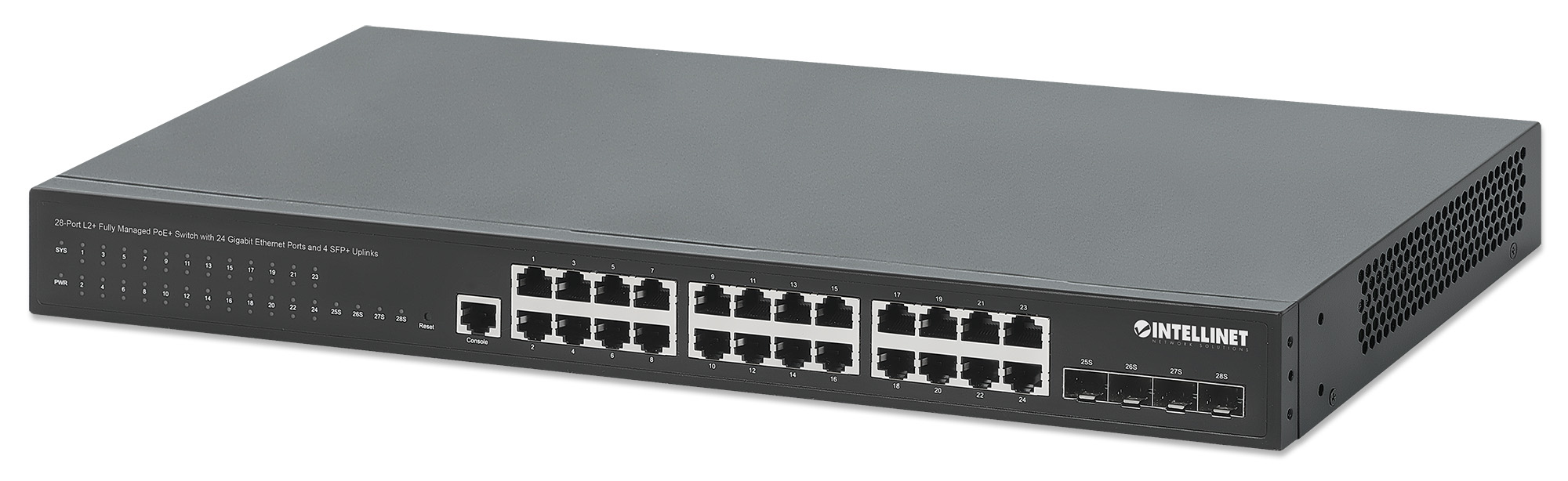 Intellinet 28-poorts L2+ managed PoE+ netwerk switch, 24x Gigabit RJ45 + 4x 10G SFP+ uplinks, IEEE 802.3at/af conform, PoE-budget 370 W, Layer 2+/L3 Lite functies, 19" rackmontage, 3 jaar garantie (561846) thumbnail