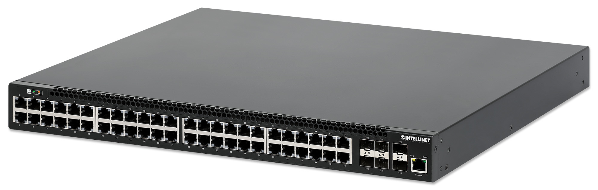 Intellinet 54-poorts L3 volledig beheerde Gigabit PoE+ netwerk switch, 48x RJ45 + 6x 10G SFP+ uplinks, PoE-budget 850 W, Layer 3 routing, VLAN/QoS, 19" rackmontage, professionele netwerkomgevingen, 3 jaar garantie (562041) thumbnail