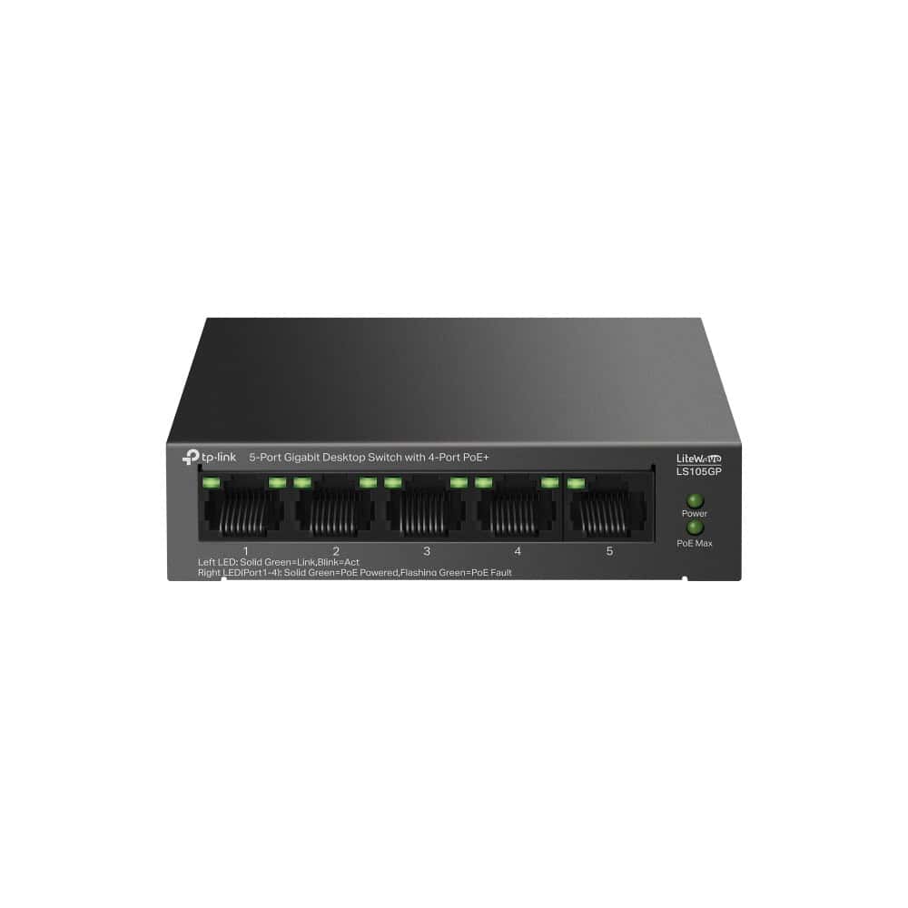 TP-Link LiteWave LS105GP netwerk-switch Unmanaged Gigabit Ethernet (10/100/1000) Power over Ethernet (PoE) Zwart (LS105GP) thumbnail TP-Link LiteWave LS105GP netwerk-switch Unmanaged Gigabit Ethernet (10/100/1000) Power over Ethernet (PoE) Zwart (LS105GP) thumbnail