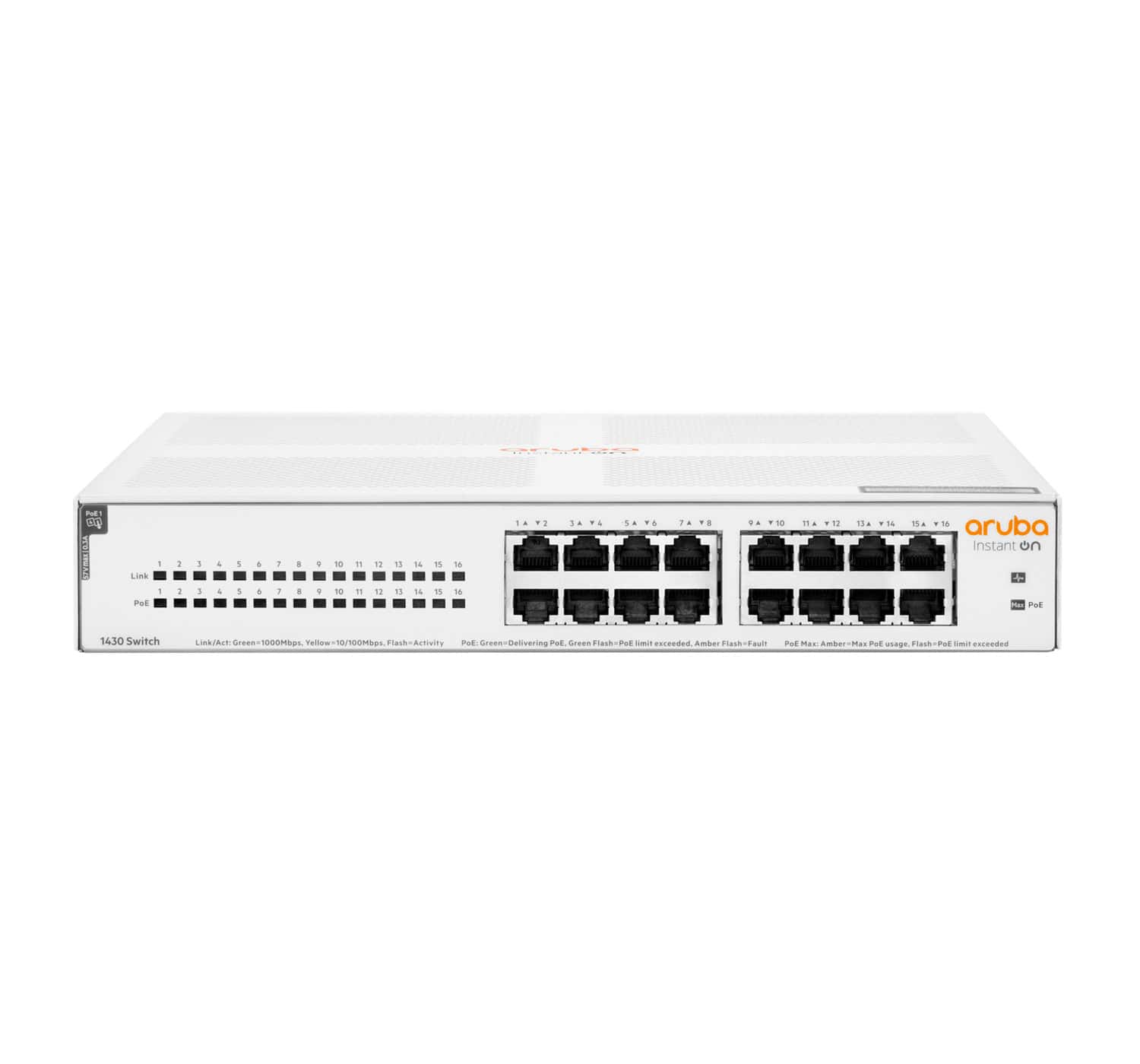 Hewlett Packard Enterprise Aruba Instant On 1430 16G Class4 PoE 124W Unmanaged L2 Gigabit Ethernet (10/100/1000) Power over Ethernet (PoE) 1U Wit (R8R48A#ABB) thumbnail