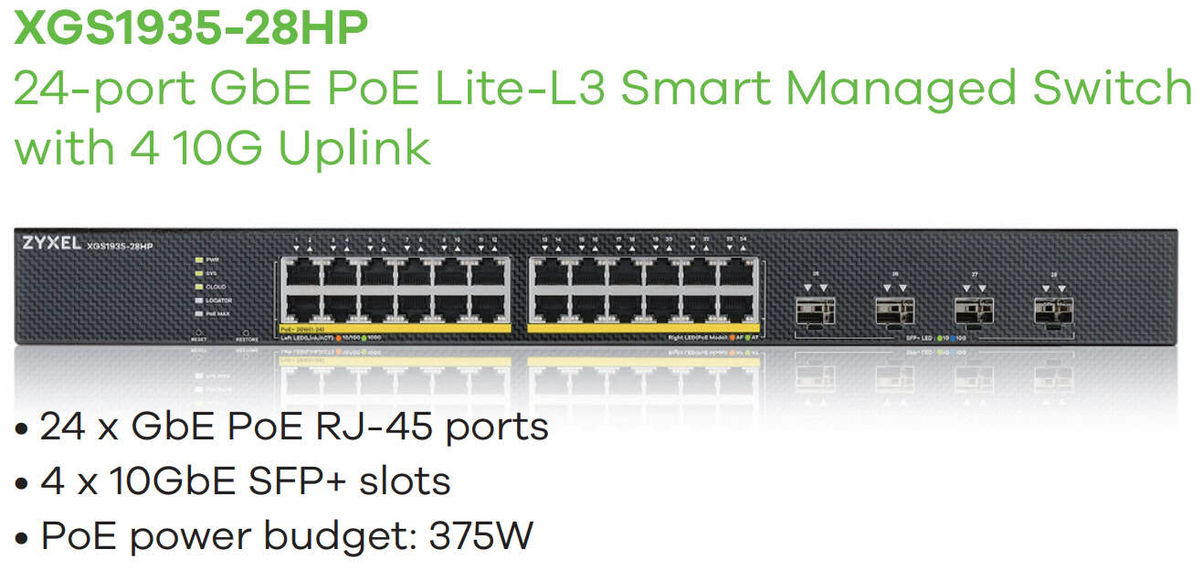 ZyXEL XGS1935-28HP 28 Port Smart Managed PoE Switch 24x Gigabit PoE and 4x 10G SFP+ hybrid mode standalone or NebulaFlex Cloud 3 (XGS193528HPEU0101F) thumbnail