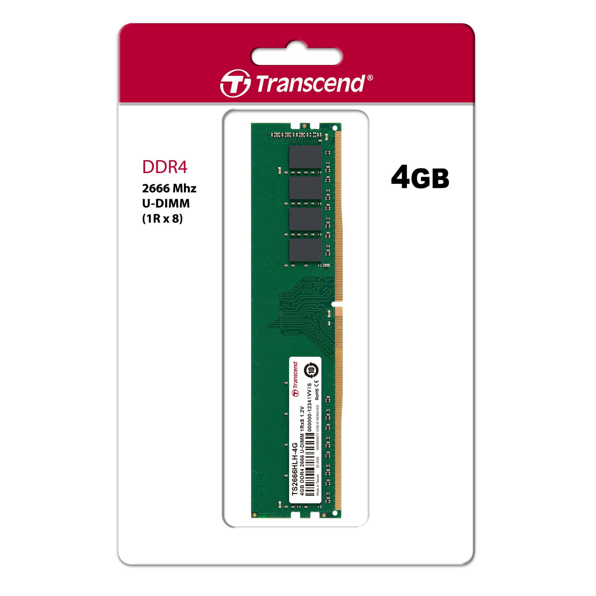 Transcend - DDR4 - Modul - 4 GB - DIMM 288-PIN - 2666 MHz / PC4-21300 - CL19 - 1.2 V - ungepuffert - non-ECC (TS2666HLH-4G) thumbnail