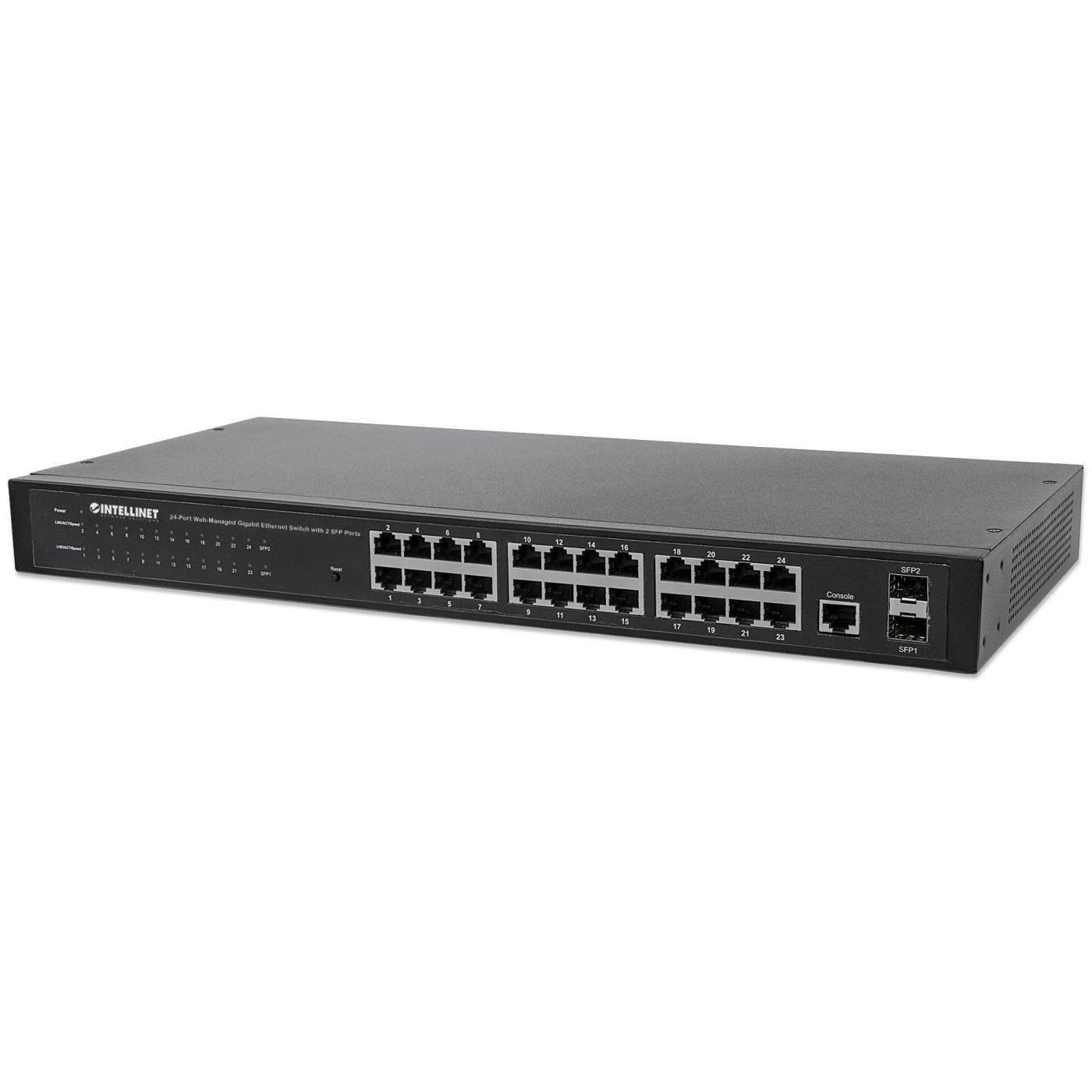 Intellinet 24-poorts Gigabit web-smart netwerk switch, 24x RJ45 10/100/1000 Mbps + 4x SFP-uplink, VLAN-ondersteuning, rackmontage, metalen behuizing, 3 jaar garantie (560917) thumbnail