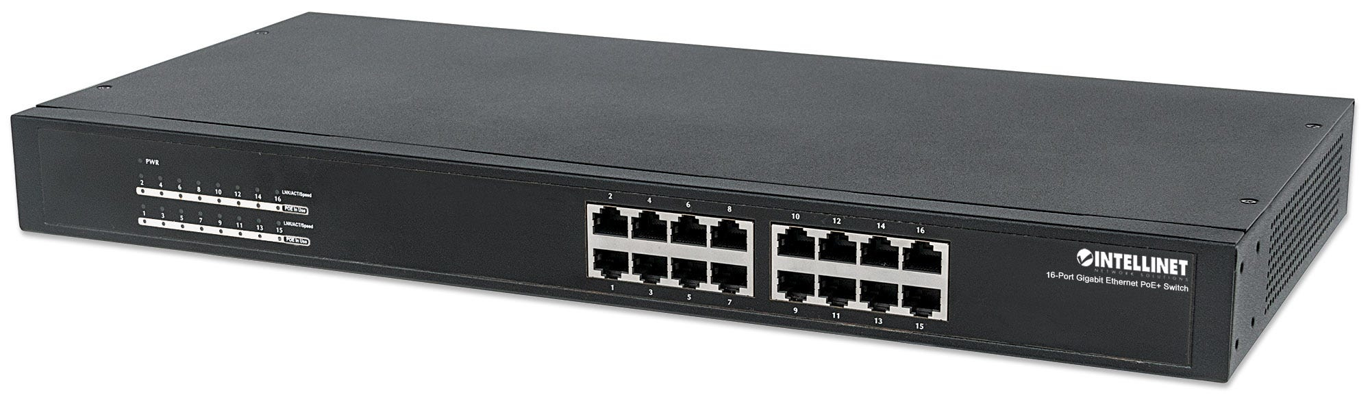 Intellinet 16-poorts Gigabit Ethernet PoE+ netwerk switch, 16x PoE-poorten, IEEE 802.3at/af (PoE+/PoE), endspan, rackmontage, 3 jaar garantie (560993) thumbnail