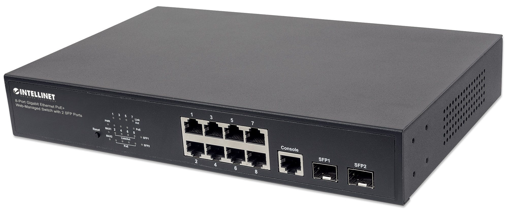 Intellinet 8-poorts Gigabit Ethernet PoE+ web-managed netwerk switch, 2x SFP-uplink, 140 W PoE-budget, VLAN-ondersteuning, 19" rackmontage, 3 jaar garantie (561167) thumbnail