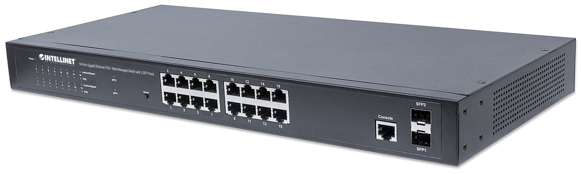 Intellinet 16-poorts Gigabit Ethernet PoE+ web-managed netwerk switch met 2x SFP, IEEE 802.3at/af conform, 374 W, endspan, 19" rackmontage, 3 jaar garantie (561198) thumbnail