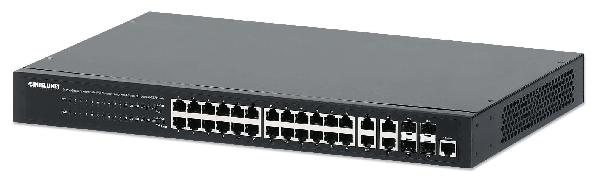 Intellinet 24-poorts Gigabit Ethernet PoE+ web-managed netwerk switch, 20x RJ45 + 4x combo RJ45/SFP, IEEE 802.3at/af conform, PoE-budget 370 W, VLANen QoS-ondersteuning, 19" rackmontage, 3 jaar garantie (561426) thumbnail