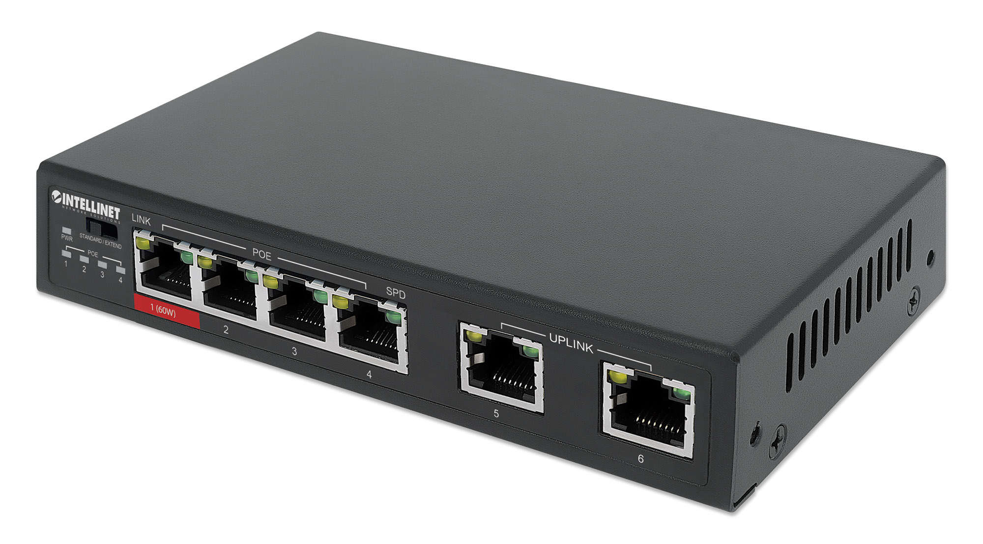 Intellinet 6-poorts Fast Ethernet PoE-netwerk switch, 4x PoE (1x high-power), PoE-budget 65 W, VLANen Extend-modus, 2x uplinkpoorten, geschikt voor bewakingsnetwerken, 3 jaar garantie (561686) thumbnail