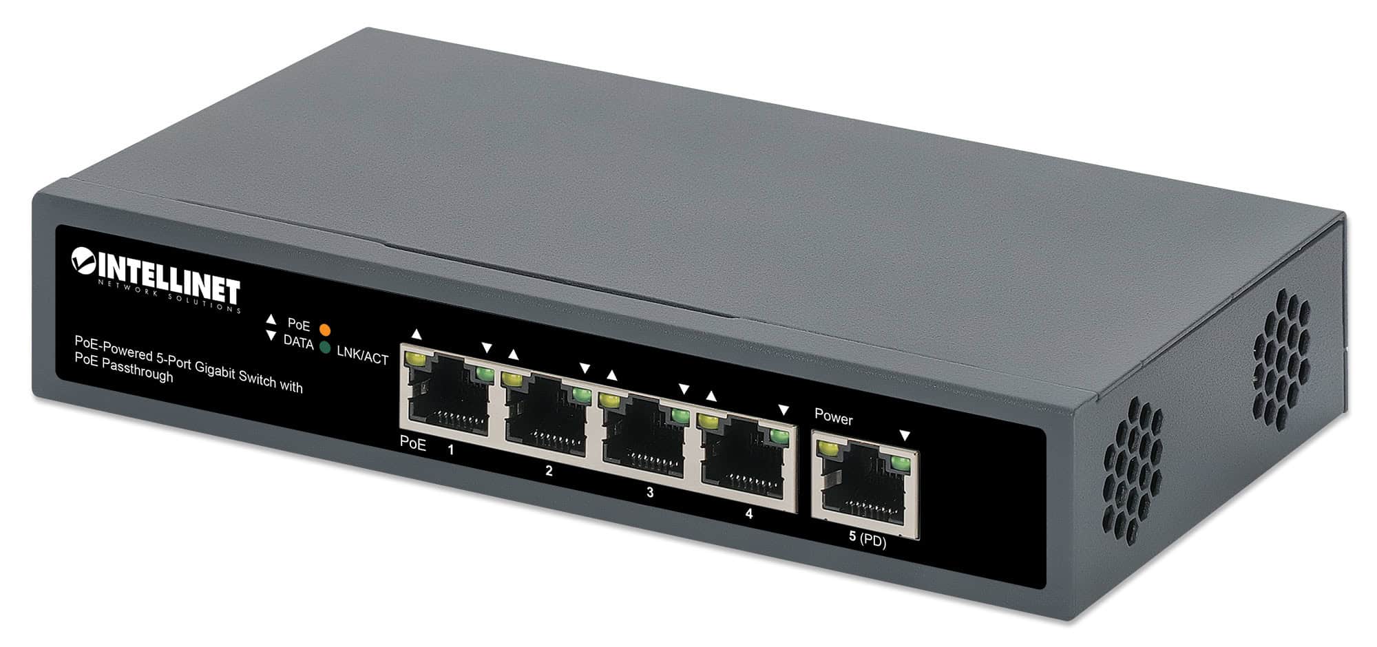 Intellinet 5-poorts Gigabit netwerk switch met PoE passthrough, 1x 95 W PD-ingang (802.3bt), 4x PSE PoE-uitgang, IEEE 802.3at/af conform, desktopof wandmontage, 3 jaar garantie (561808) thumbnail