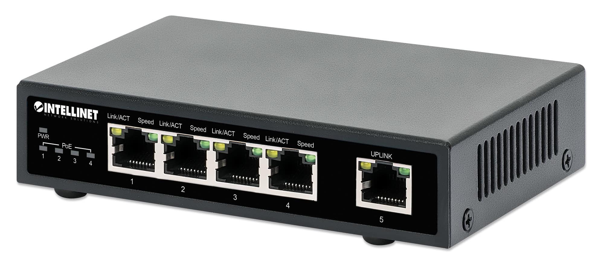 Intellinet 5-poorts Gigabit Ethernet PoE+ netwerk switch, 4x PoE-poorten, IEEE 802.3at/af conform, 62 W PoE-budget, endspan, desktopuitvoering, 3 jaar garantie (561839) thumbnail