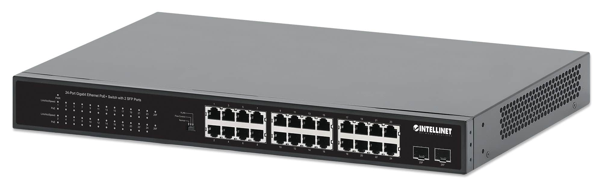 Intellinet 24-poorts Gigabit Ethernet PoE+ netwerk switch, 24x RJ45 10/100/1000 Mbps, 2x SFP-uplink, IEEE 802.3at/af conform, PoE-budget 370 W, endspan, 19" rackmontage, metalen behuizing, 3 jaar garantie (561891) thumbnail