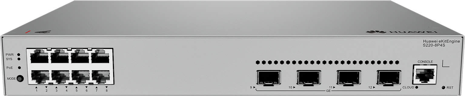 HUAWEI eKit S220 Series S220-8P4S Managed L2 Gigabit Ethernet (10/100/1000) Power over Ethernet (PoE) 1U Grijs (98012552) thumbnail HUAWEI eKit S220 Series S220-8P4S Managed L2 Gigabit Ethernet (10/100/1000) Power over Ethernet (PoE) 1U Grijs (98012552) thumbnail