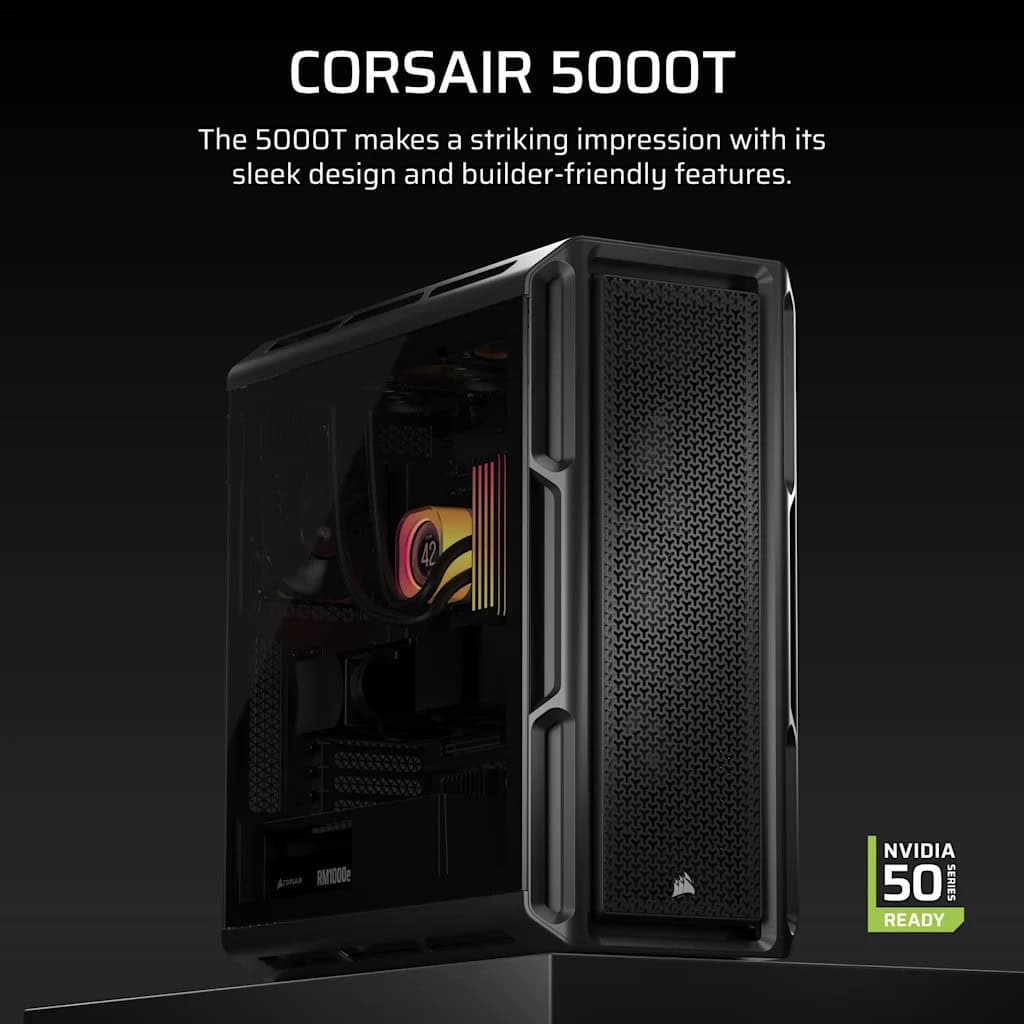 Corsair 5000T Mid tower Gaming E-ATX Side panel with window (tempered glass) (CC-9011300-WW) (CC-9011300-WW) thumbnail