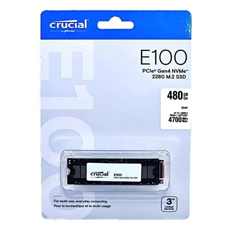 Crucial CT480E100SSD8 E100 SSD, 480 GB, M.2 NVME, PCIe Gen 4, 4700Mbs (CT480E100SSD8) thumbnail