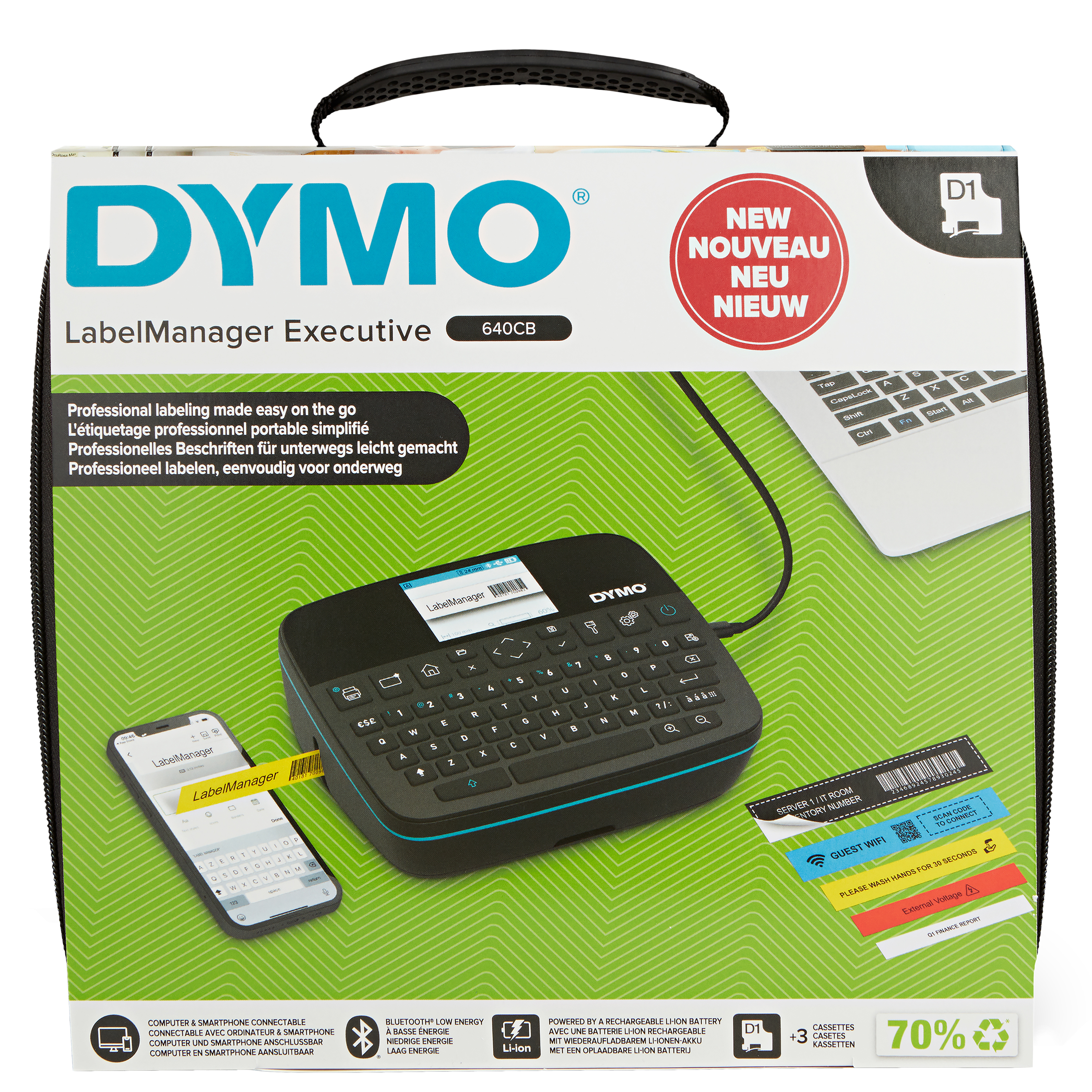DYMO LabelManager Executive 640 CB draagbare labelprinterkit met draagtas en 3 labelcassettes | compacte QWERTY-labelmaker | Bluetooth- & USB-connectiviteit | compatibel met D1-labels (2202121) thumbnail
