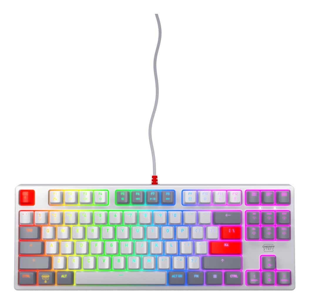 CHERRY K4V2 TKL toetsenbord Gamen USB QWERTY Amerikaans Engels Grijs, Licht Grijs, Rood (CX-K4V2-RGB-TKL-RETRO-R-US) thumbnail