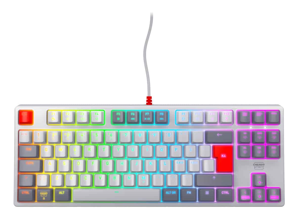 CHERRY K4V2 TKL toetsenbord Gamen USB QWERTY Scandinavisch Grijs, Licht Grijs, Rood (CX-K4V2-RGB-TKL-RETRO-R-NOR) thumbnail