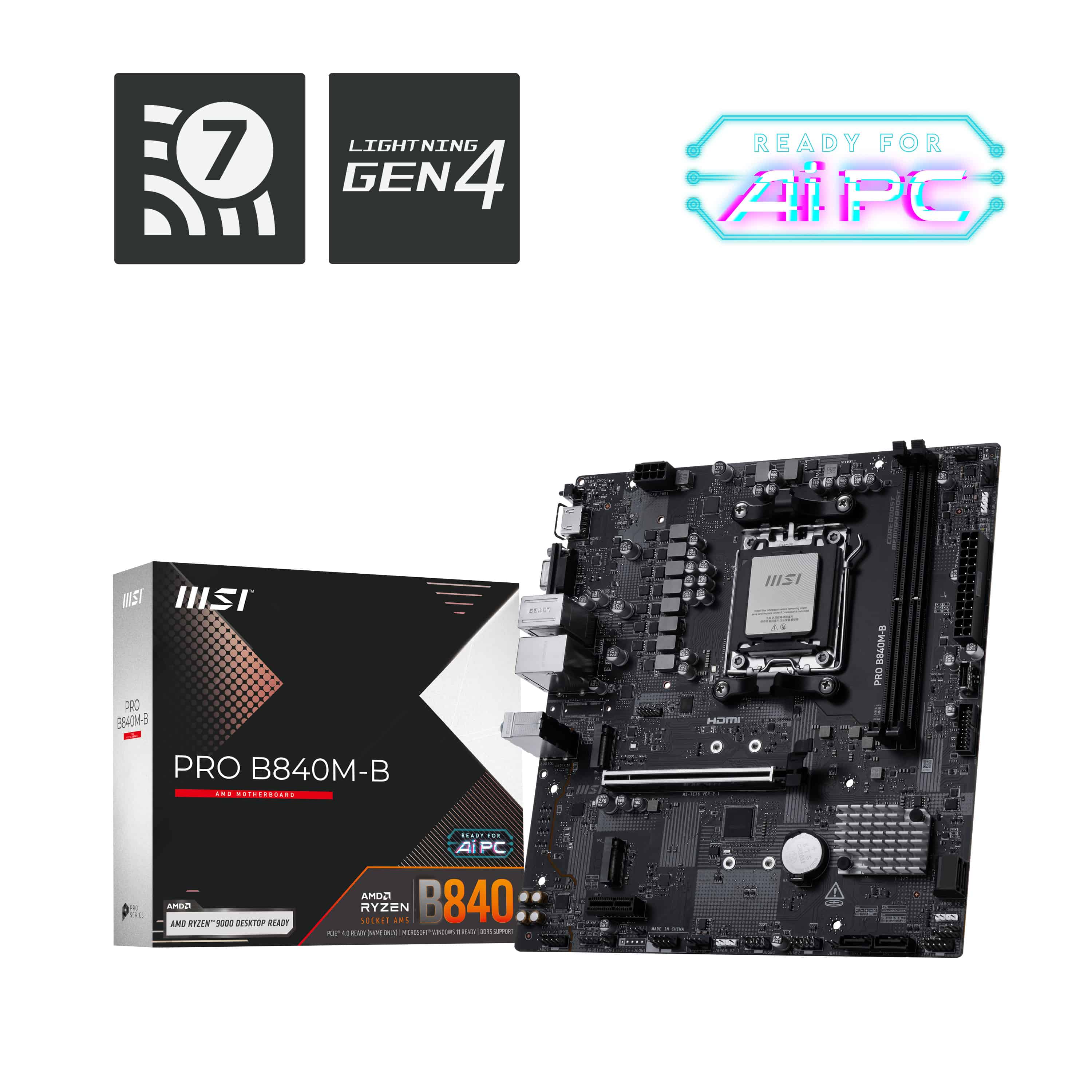MSI PRO B840M-B moederbord AMD B840 Socket AM5 micro ATX (7E76-002R) thumbnail