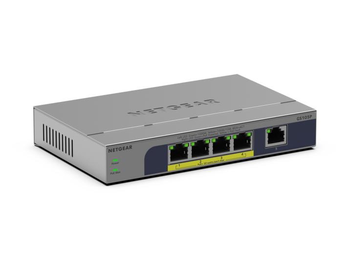 NETGEAR GS105P Unmanaged Gigabit Ethernet (10/100/1000) Power over Ethernet (PoE) Bureaublad-/wandmontage Grijs (GS105P-300EUS) thumbnail