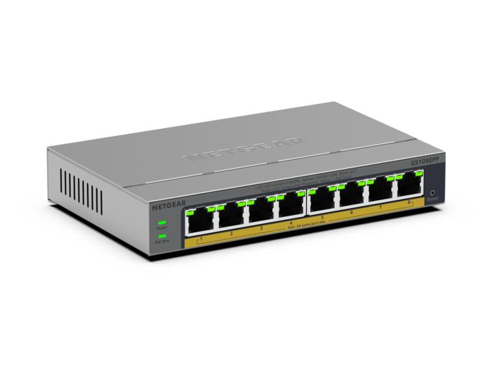 NETGEAR GS108EPP Unmanaged Gigabit Ethernet (10/100/1000) Power over Ethernet (PoE) Bureaublad-/wandmontage Grijs (GS108EPP-100EUS) thumbnail