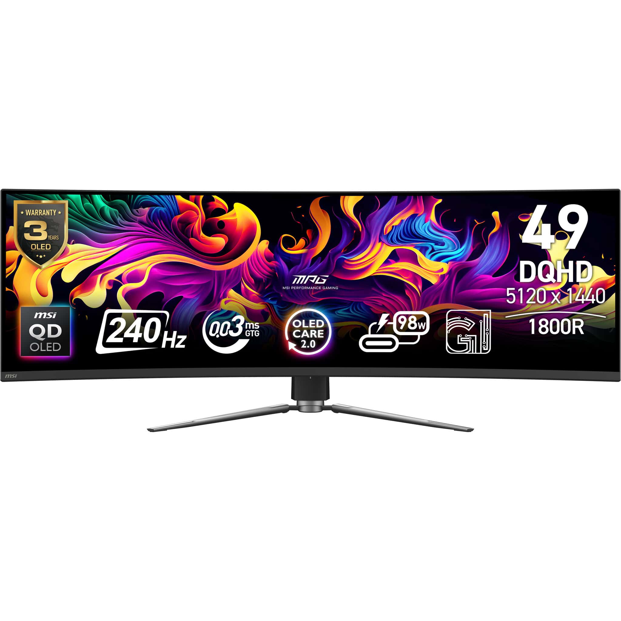 MSI MPG 491CQPXDE QD-OLED computer monitor 124,5 cm (49") 5120 x 1440 Pixels Dual QHD Zwart (9S6-3FA84T-020) thumbnail