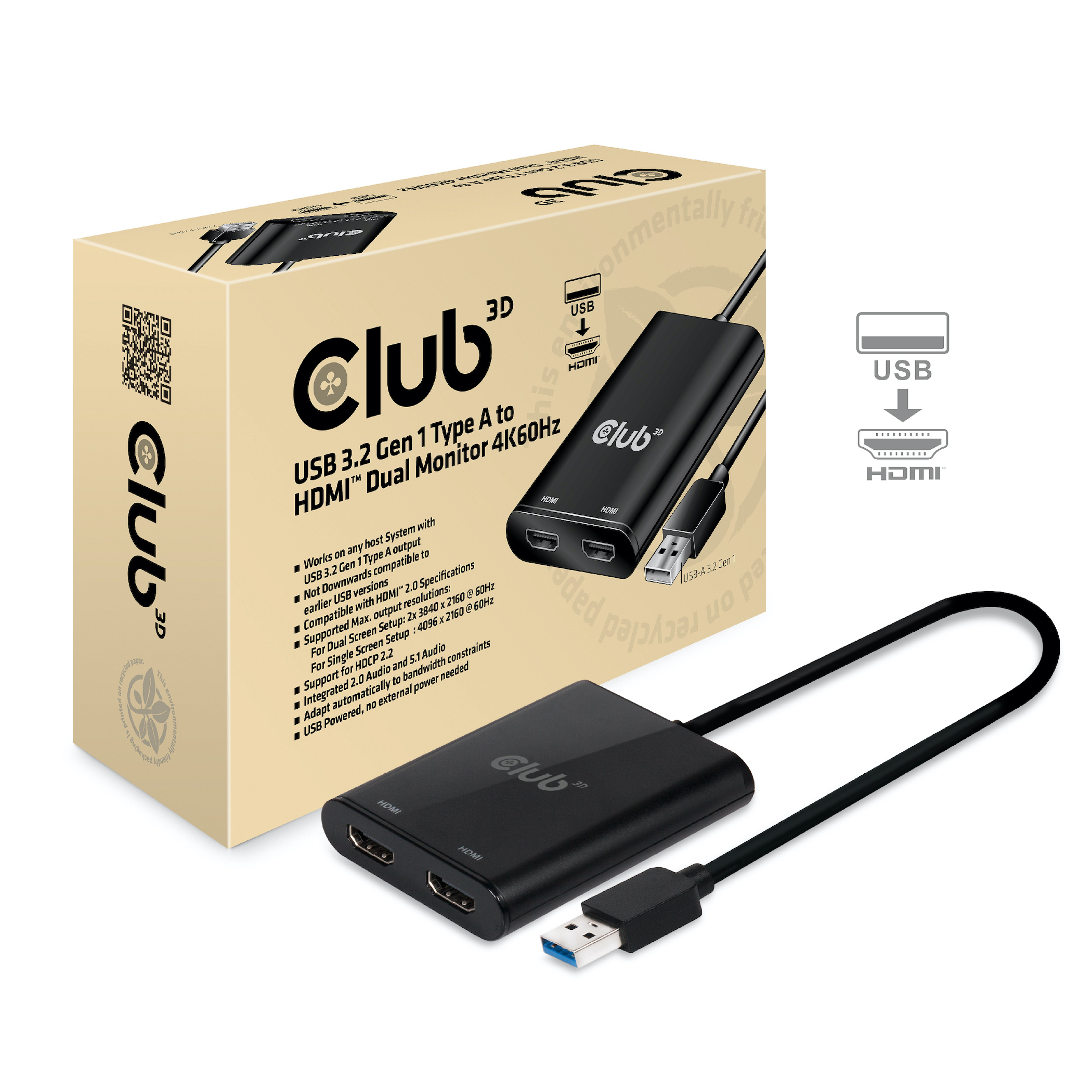 CLUB3D USB A to HDMI™ 2.0 Dual Monitor 4K 60Hz (CSV-1474) thumbnail