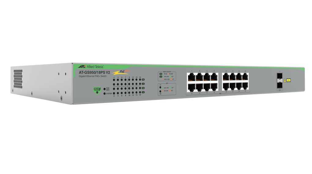 Allied Telesis AT-GS950/18PS-V2-50 netwerk-switch Unmanaged Gigabit Ethernet (10/100/1000) Power over Ethernet (PoE) Grijs (AT-GS950/18PS-V2-50) thumbnail Allied Telesis AT-GS950/18PS-V2-50 netwerk-switch Unmanaged Gigabit Ethernet (10/100/1000) Power over Ethernet (PoE) Grijs (AT-GS950/18PS-V2-50) thumbnail