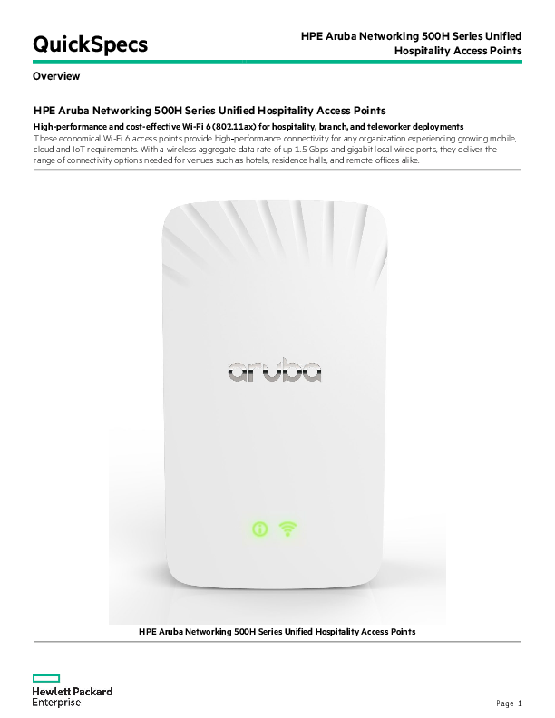 HPE Aruba Networking AP-503H (RW) Unif. Hospitality AP Ind., Dual Radio, WiFi 6 (R3V36AR) thumbnail