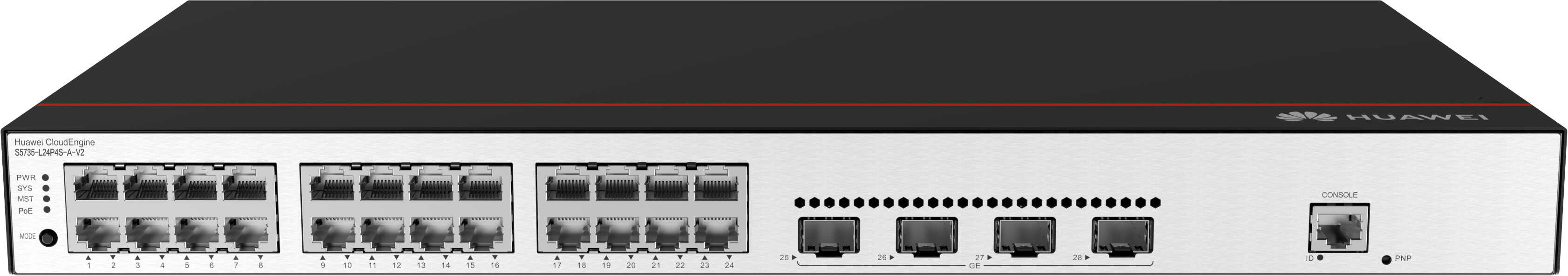 Huawei CloudEngine S5735-L24P4S-A-V2 Managed L3 Gigabit Ethernet (10/100/1000) Power over Ethernet (PoE) 1U Zwart, Zilver (S5735-L24P4S-A-V2) thumbnail Huawei CloudEngine S5735-L24P4S-A-V2 Managed L3 Gigabit Ethernet (10/100/1000) Power over Ethernet (PoE) 1U Zwart, Zilver (S5735-L24P4S-A-V2) thumbnail