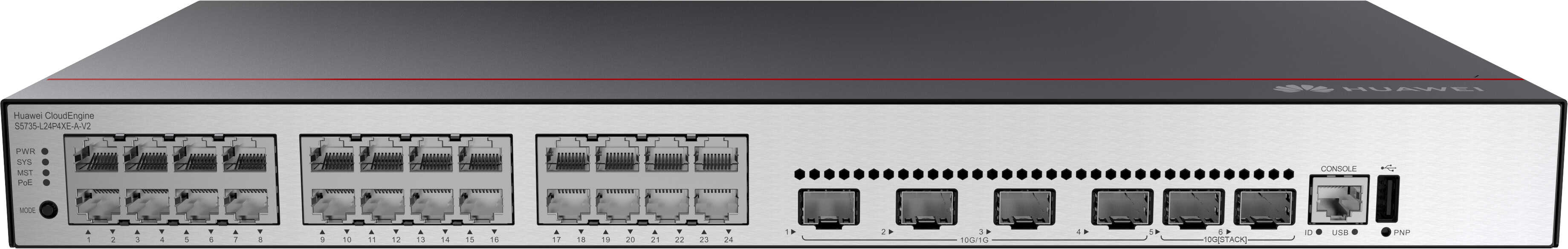 Huawei CloudEngine S5735-L24P4XE-A-V2 Managed L3 Gigabit Ethernet (10/100/1000) Power over Ethernet (PoE) 1U Zwart, Zilver (S5735-L24P4XE-A-V2) thumbnail Huawei CloudEngine S5735-L24P4XE-A-V2 Managed L3 Gigabit Ethernet (10/100/1000) Power over Ethernet (PoE) 1U Zwart, Zilver (S5735-L24P4XE-A-V2) thumbnail