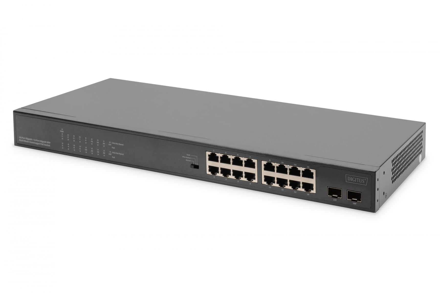 DIGITUS Switch 16-Port Gigabit Netzwerkswitch, 19 Zoll, unmanaged, 2 Uplink Ports, SFP (DN-95347-2) thumbnail