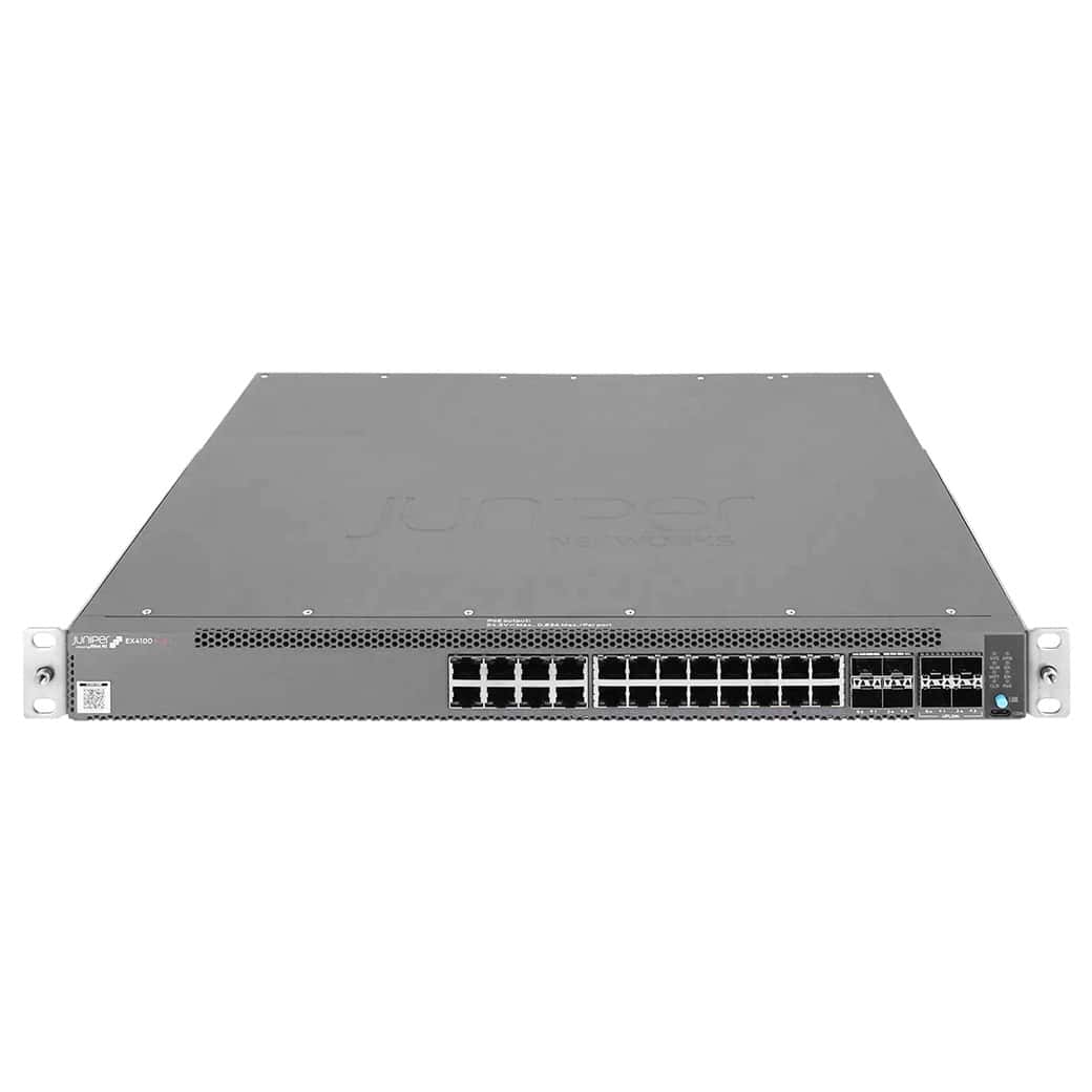 Juniper 24-port 10/100/1000BASE-T PoE+ switch, 4x10GbE uplinks, 4x25GbE stacking/uplink ports, MACsec AES256 (EX4100-24P) thumbnail