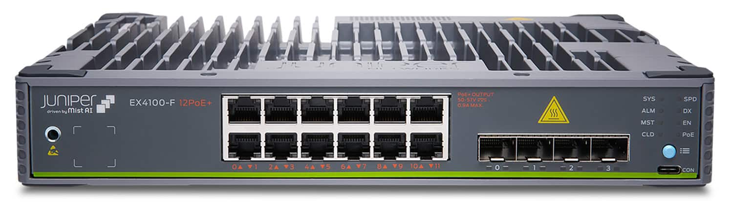 Juniper 12-port 10/100/1000BASE-T PoE+ switch, 2x100MB to 10GBe uplinks, 4x10GbE stacking/uplink ports (EX4100-F-12P) thumbnail