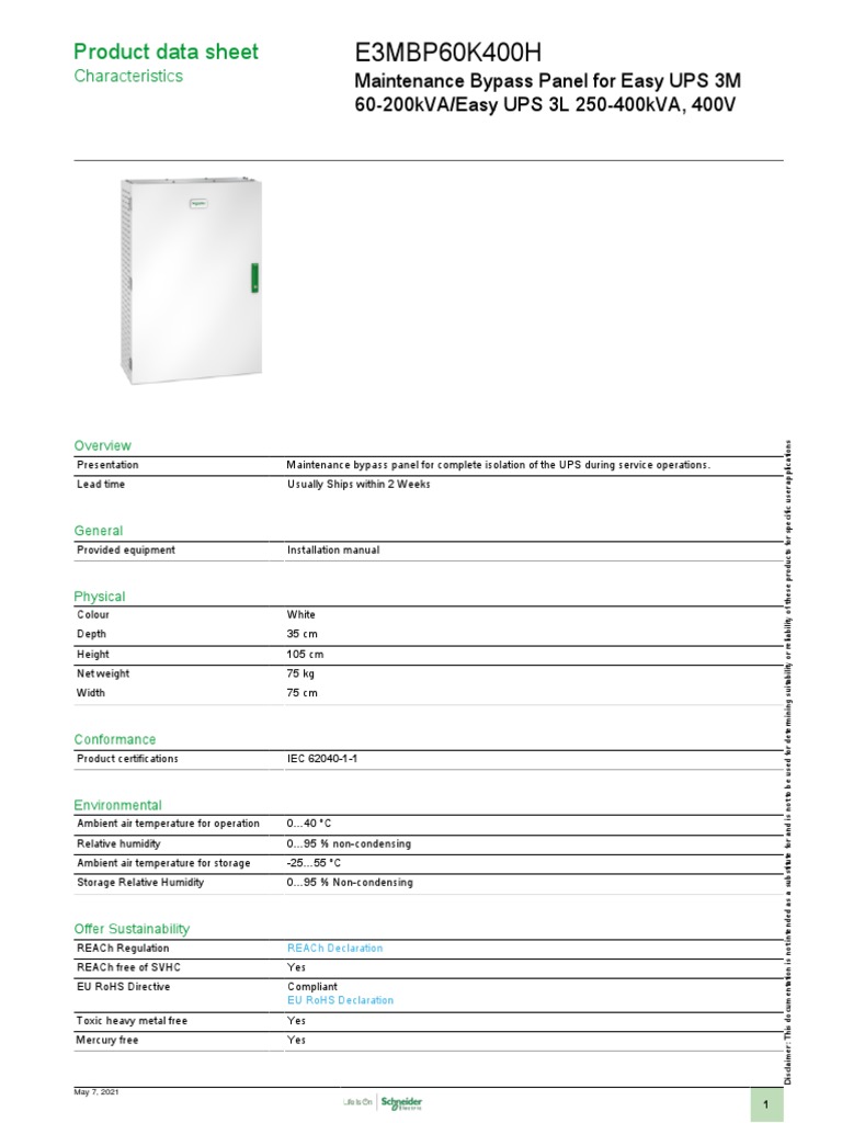 APC Maintenance Bypass Panel single unit (E3MBP60K400H) thumbnail